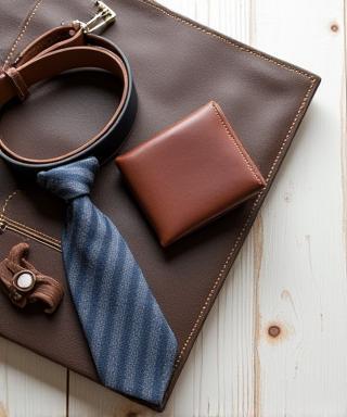 Close-up of men's accessories including belt, tie, and wallet