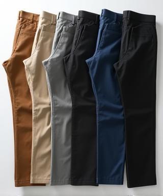 Variety of men's trousers and chinos in different colors and fits