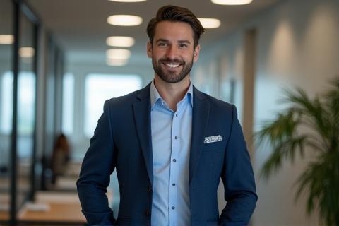 Man in stylish business casual attire in an office setting